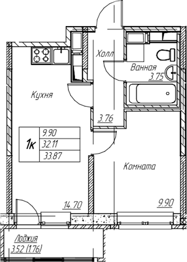 1-комнатная квартира 33.87 м², 7/22 эт., ЖК «Парк-квартал Юнтолово»